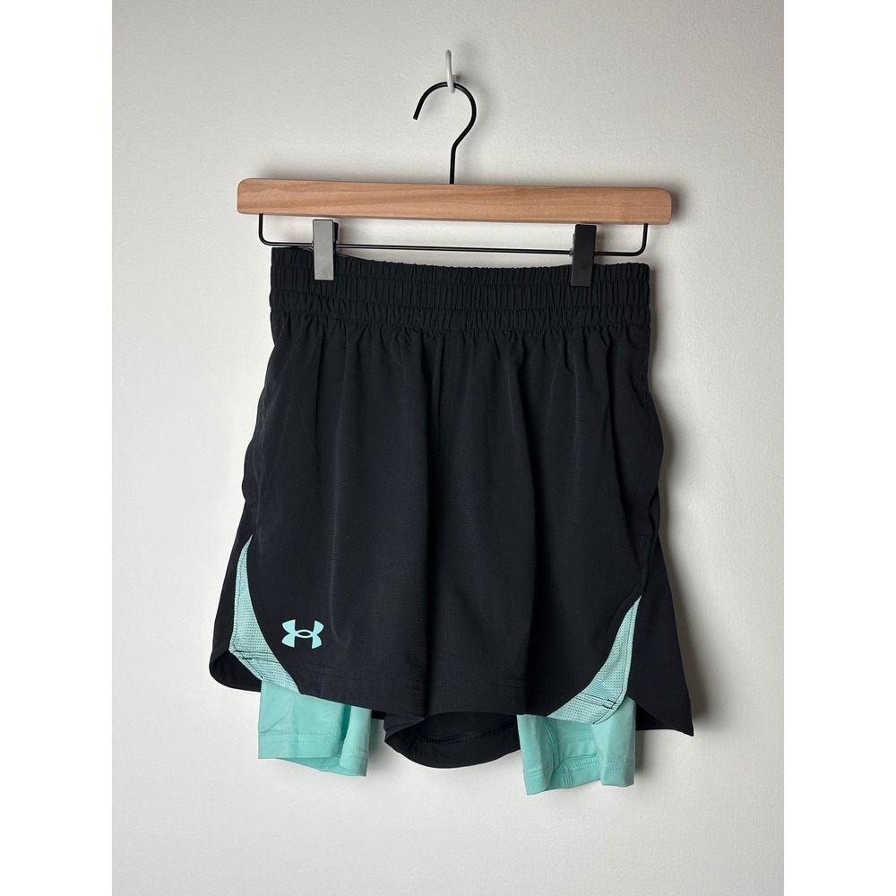 NWT Under‎ Armour Elevated Woven 2in1 Running Shorts Black Teal Womens Small